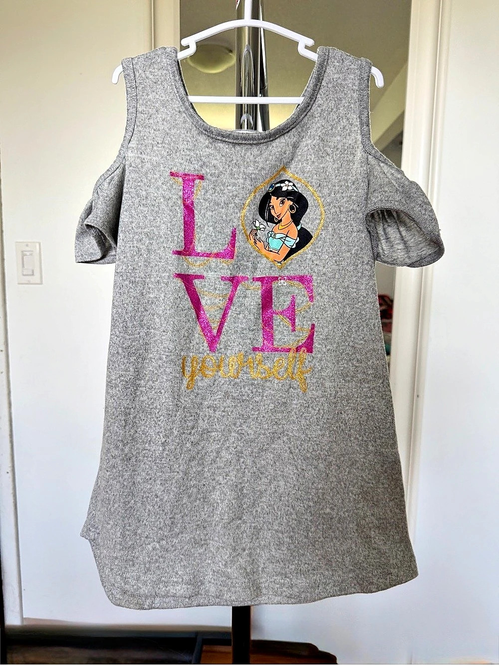 Disney Princess Girls Cold Shoulder Dress Gray Glitter Love Yourself Size Kids L